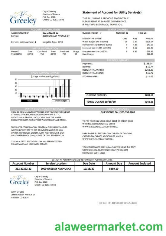 USA Colorado City of Greeley water utility bill template in Word and PDF format